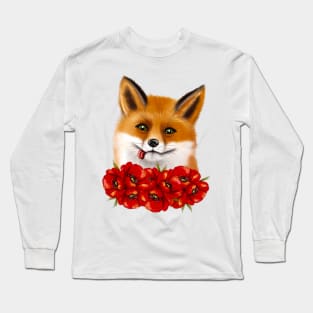 Cute face of a fox with red poppies. Long Sleeve T-Shirt